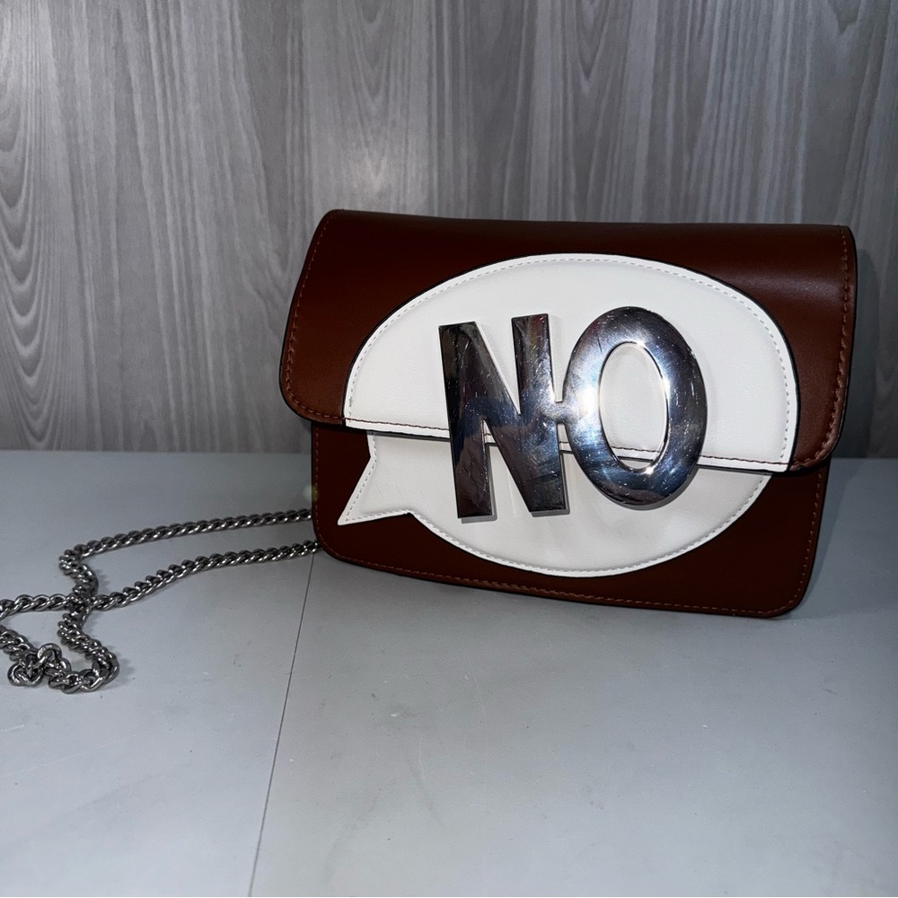 Zara NO Handbag Women's Vegan Leather Brown White Silver Exclamation Chain Strap